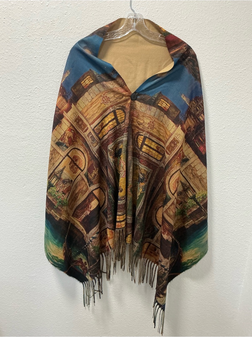 Venice Italy Canal Scenic Print Fringed Button Poncho Shawl Wrap